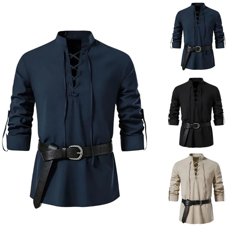 Medieval Gothic Lace Up Pirate Shirt - Kemeja Viking Abad Pertengahan untuk Pria,