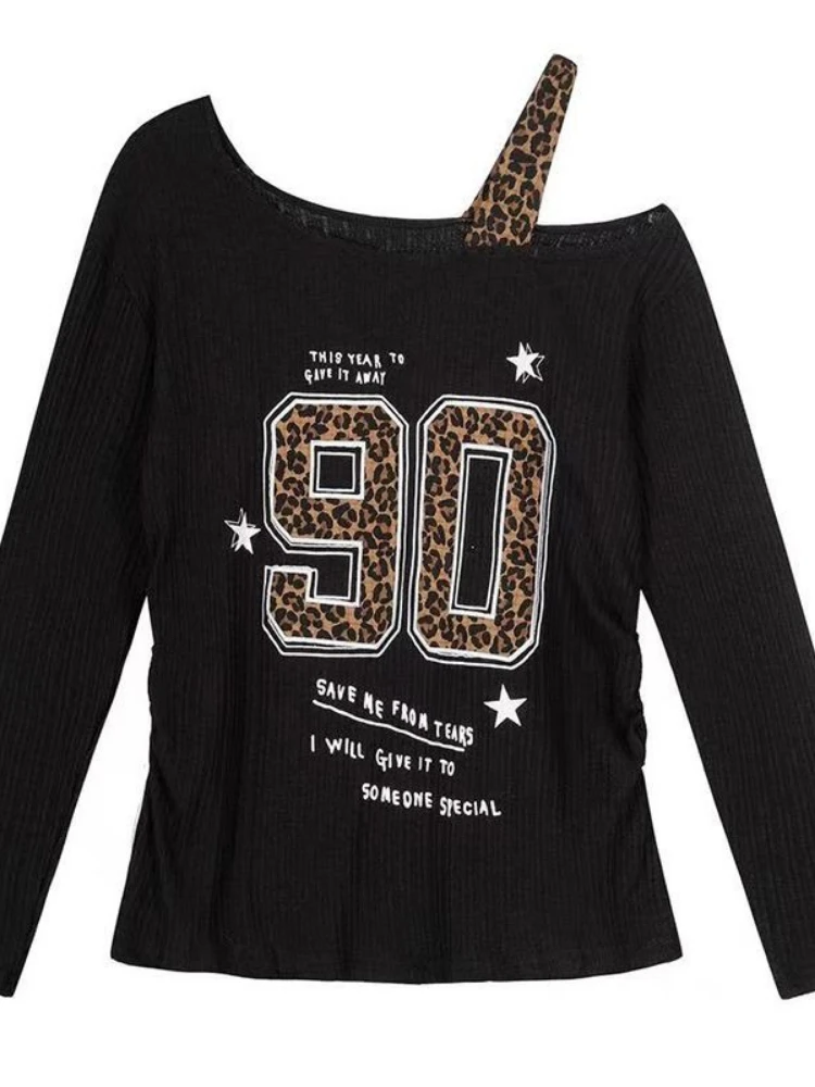 Shirts - Kaos Leopard Print Patchwork Y2K Wanita,