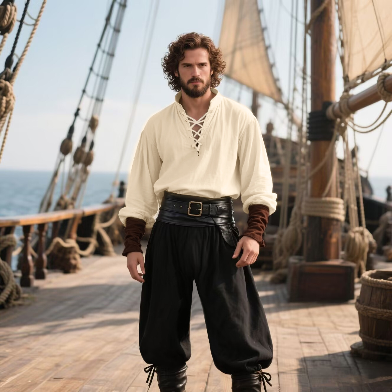Medieval Gothic Lace Up Pirate Shirt - Kostum Bajak Laut Halloween Kemeja LARP