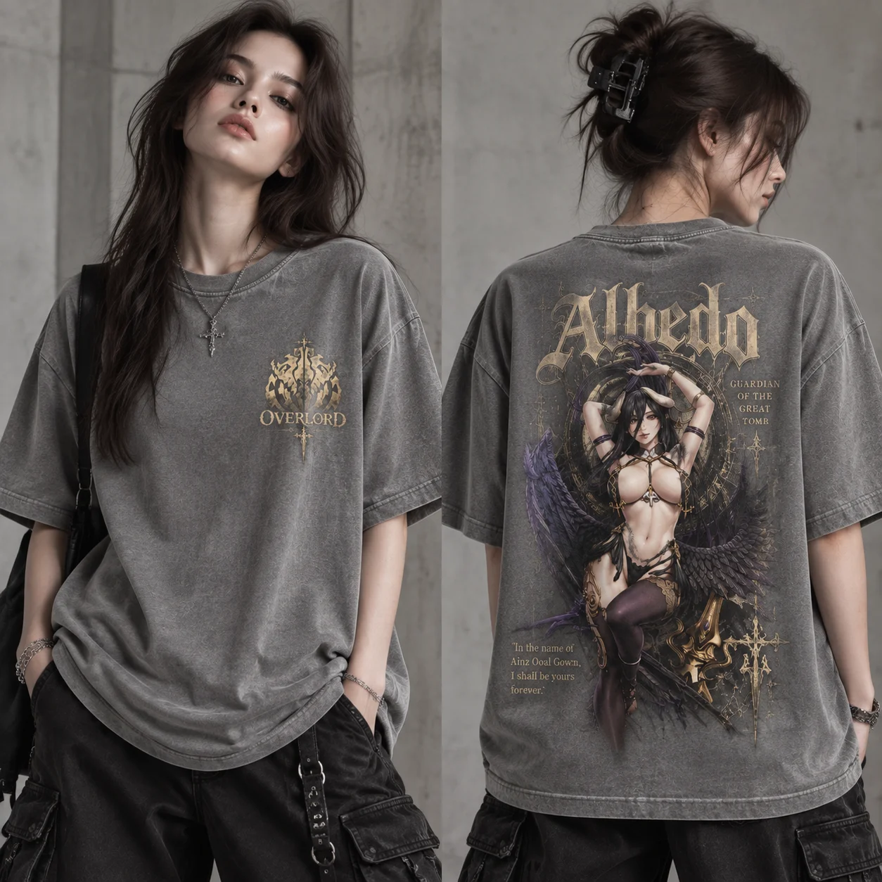 Acid Wash Vintage Graphic T Shirt - Kaos Grafis Albedo Overlord, Kaos Oversize