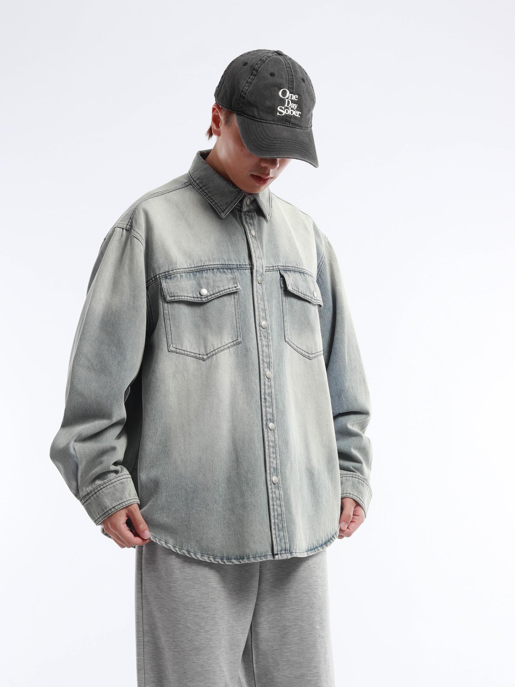 Kemeja Denim Biru Retro Pria,  - Shirts ulasan dan harga